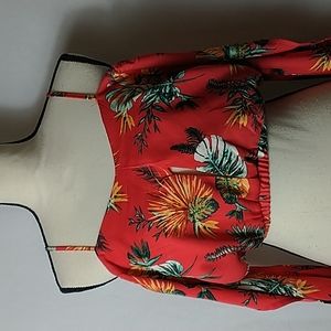 Women's Red Halter Top Blouse Crop Top Floral size Large L